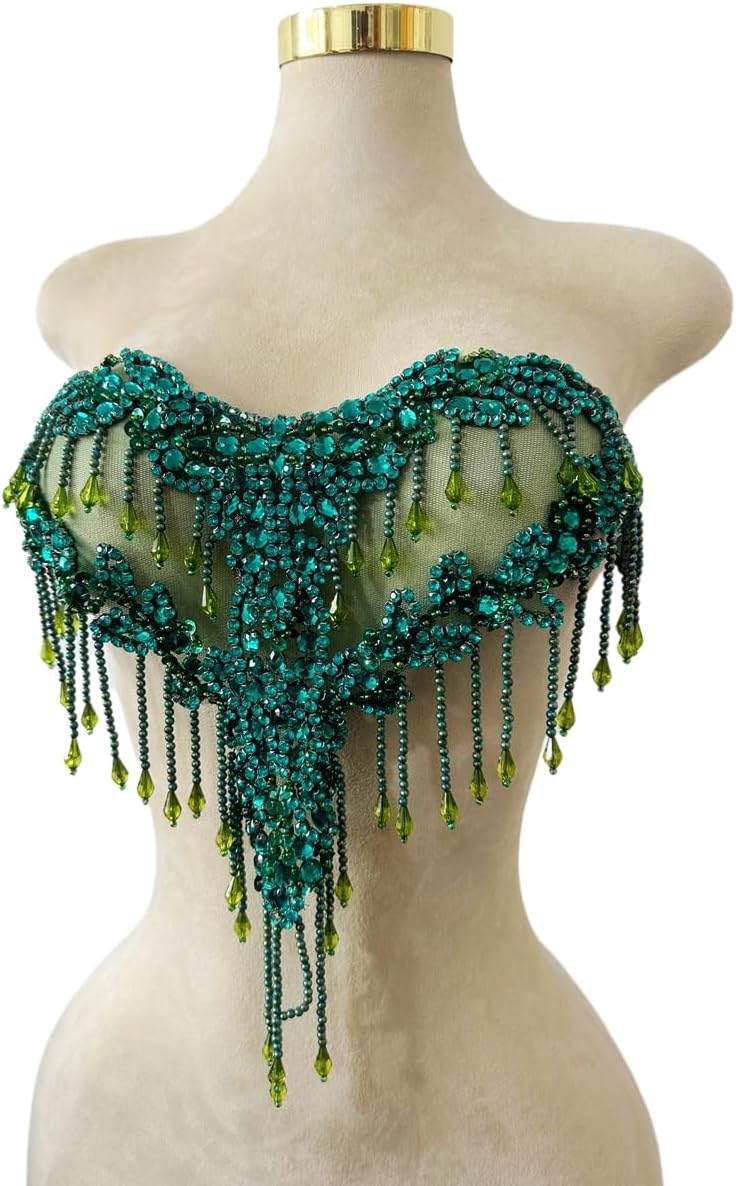 MOPISVN Handmade Crystal on lace Applique Sewing Rhinestones Fringe Beads Sequins Patches Trim Luxury Decoration Accessories for Wedding Dress 17X12.5inches (Deepgreen) - Image 2